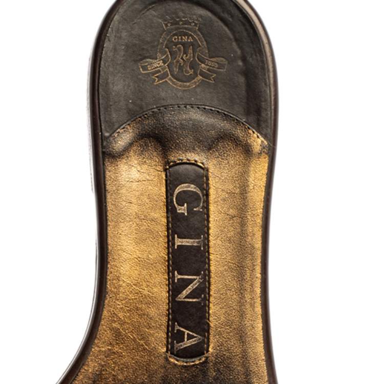 Pre Owned Gina Brown/Gold Crystal Embellished Athena Slides Size 37.5