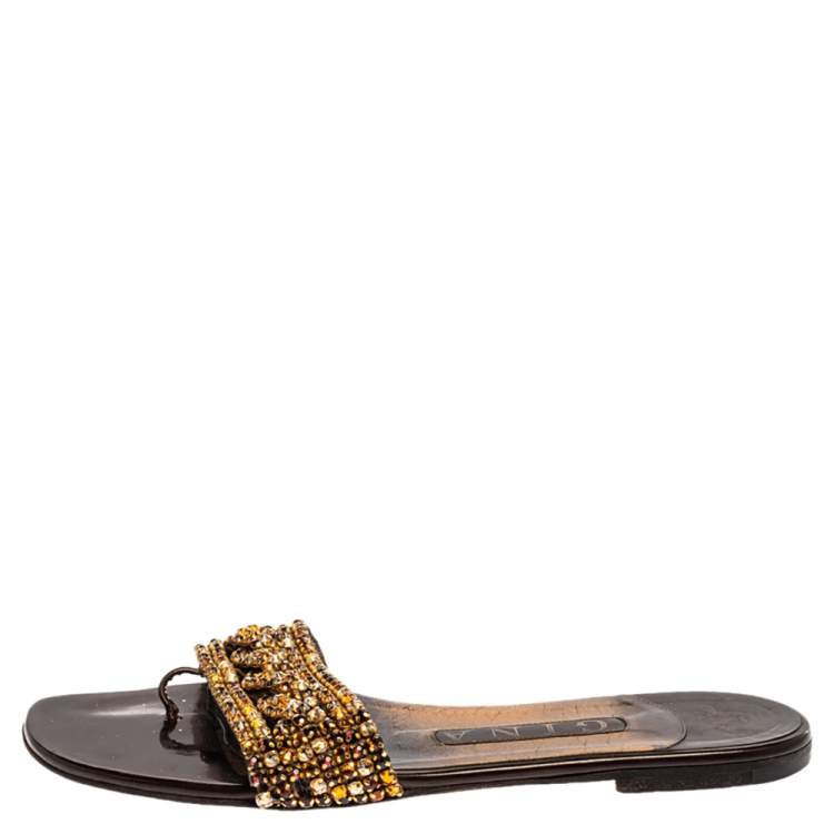 Pre Owned Gina Brown/Gold Crystal Embellished Athena Slides Size 37.5