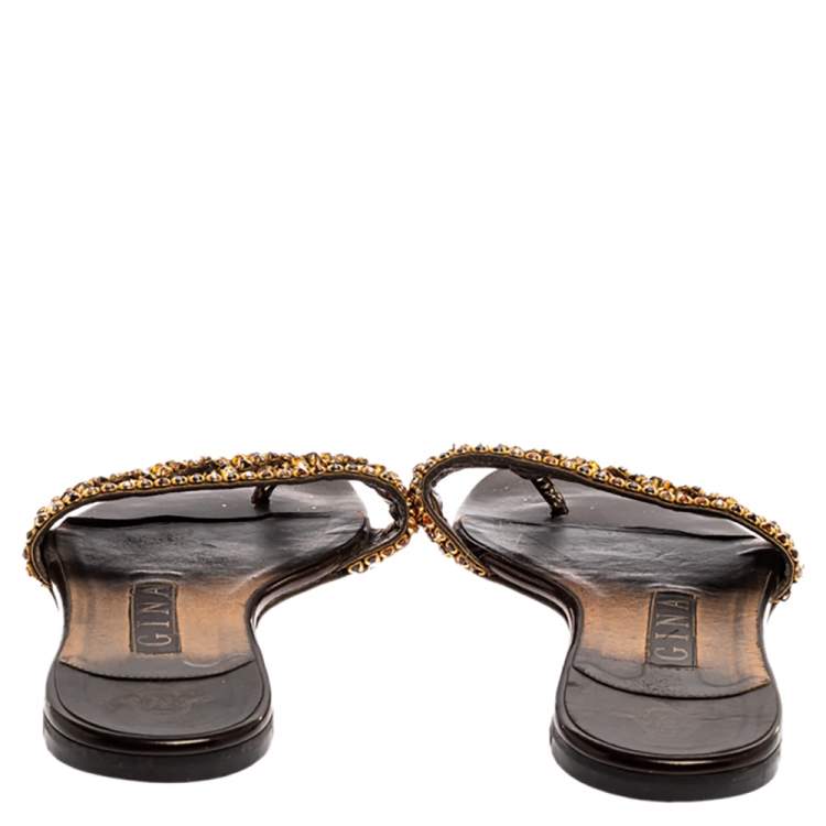 Pre Owned Gina Brown/Gold Crystal Embellished Athena Slides Size 37.5
