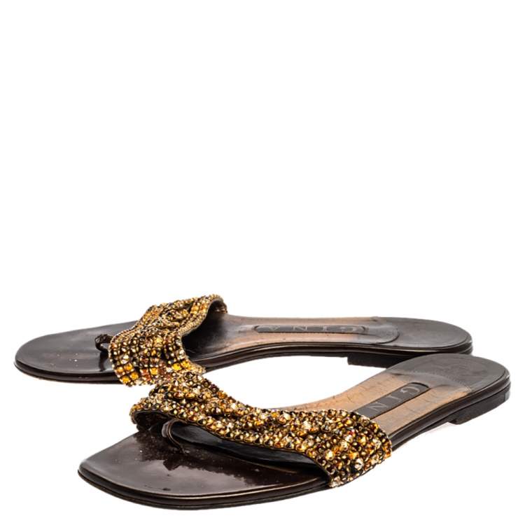 Pre Owned Gina Brown/Gold Crystal Embellished Athena Slides Size 37.5