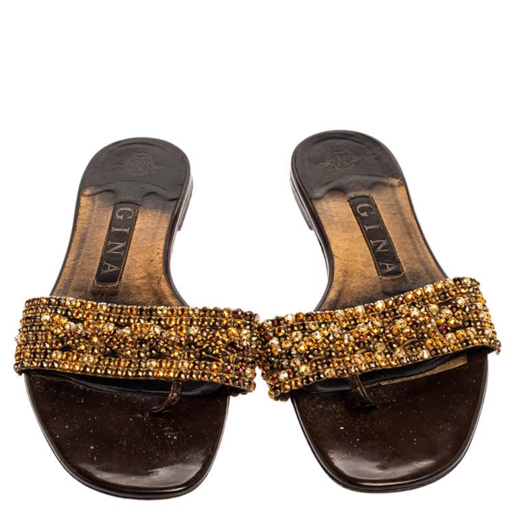 Pre Owned Gina Brown/Gold Crystal Embellished Athena Slides Size 37.5