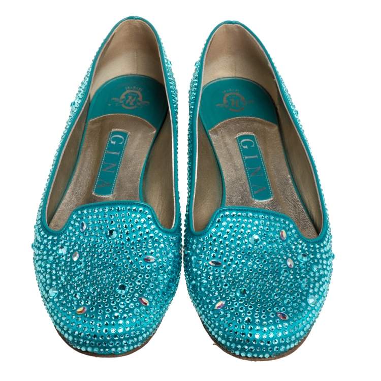 مملوكة مسبقًا Gina Blue Crystal Embellished Satin Smoking Slippers Size 37.5