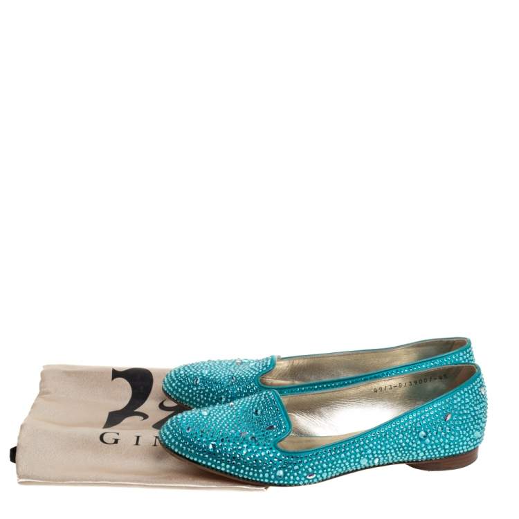 مملوكة مسبقًا Gina Blue Crystal Embellished Satin Smoking Slippers Size 37.5