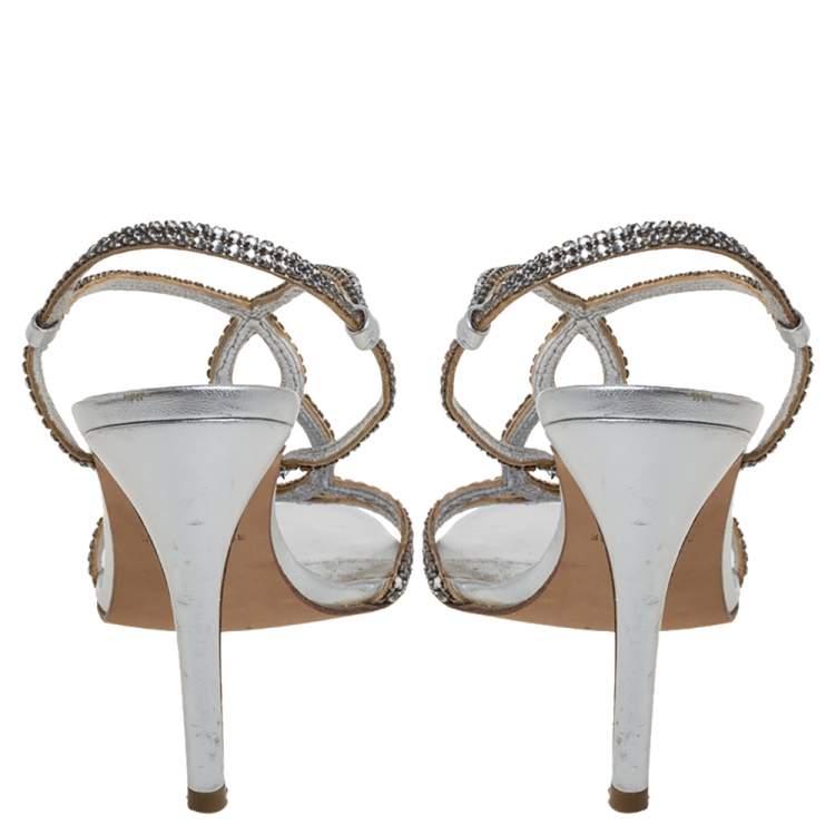 Pre Owned Gina Silver Leather And Crystal Embellished Slingback Sandals Size 37