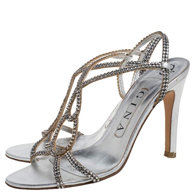 Pre Owned Gina Silver Leather And Crystal Embellished Slingback Sandals Size 37