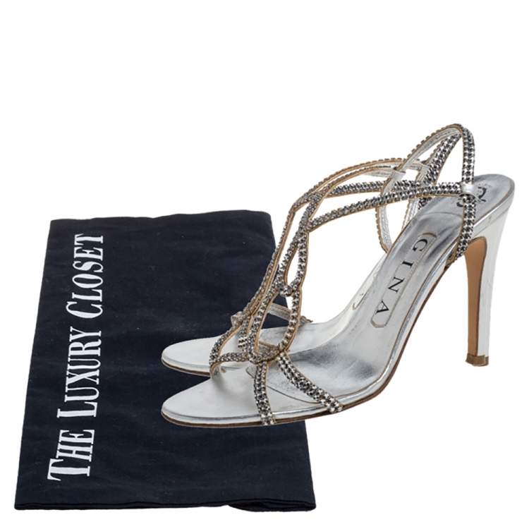 Pre Owned Gina Silver Leather And Crystal Embellished Slingback Sandals Size 37