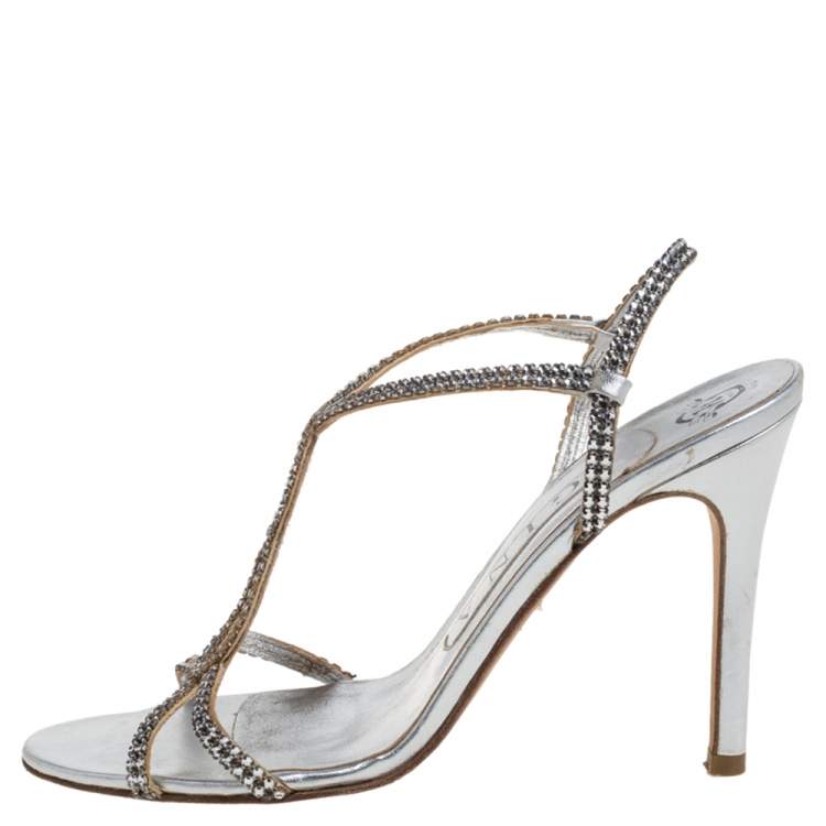 Pre Owned Gina Silver Leather And Crystal Embellished Slingback Sandals Size 37