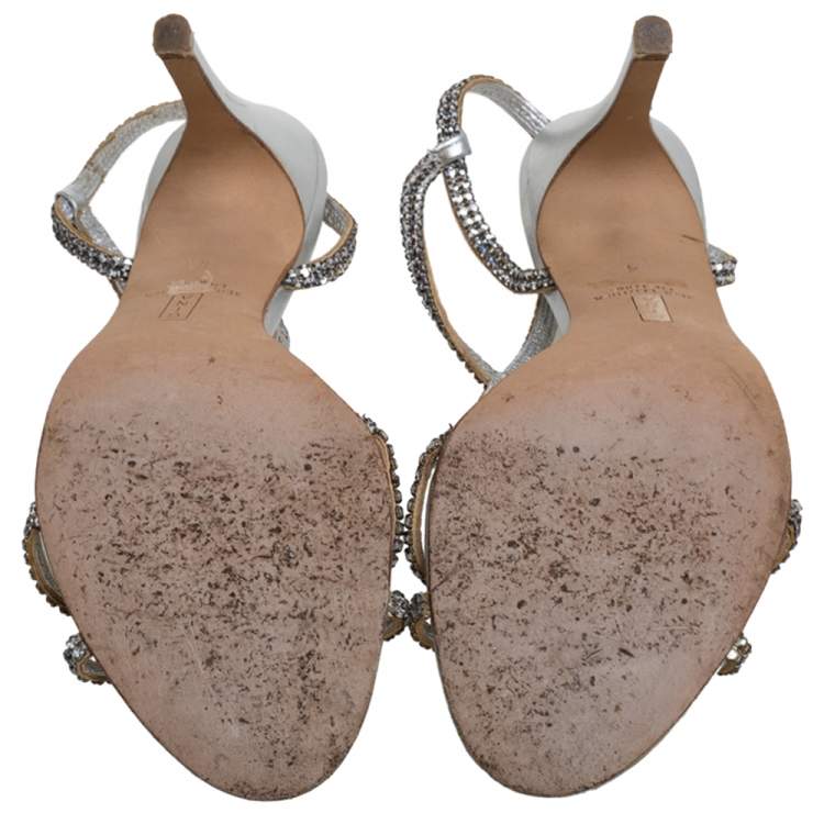 Pre Owned Gina Silver Leather And Crystal Embellished Slingback Sandals Size 37