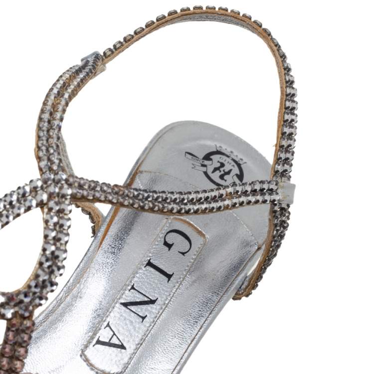 Pre Owned Gina Silver Leather And Crystal Embellished Slingback Sandals Size 37