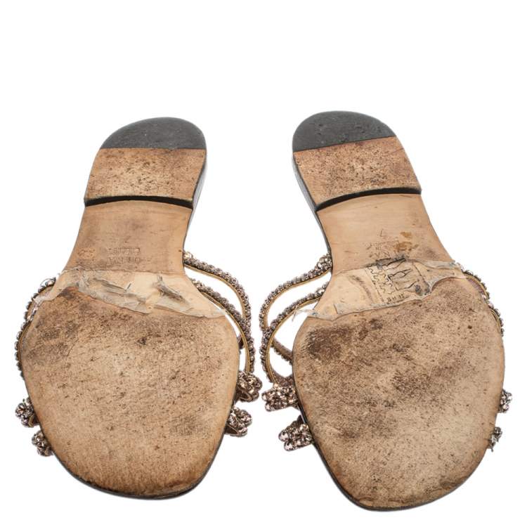 Pre Owned Gina Dark Brown Patent Leather Crystal Embellished Slide Flats Size 40