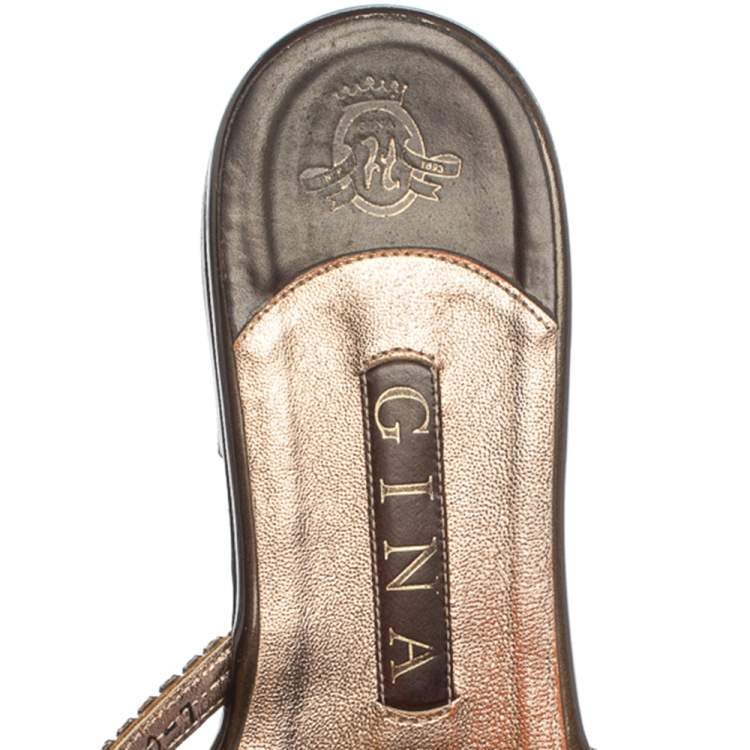 Pre Owned Gina Dark Brown Patent Leather Crystal Embellished Slide Flats Size 40