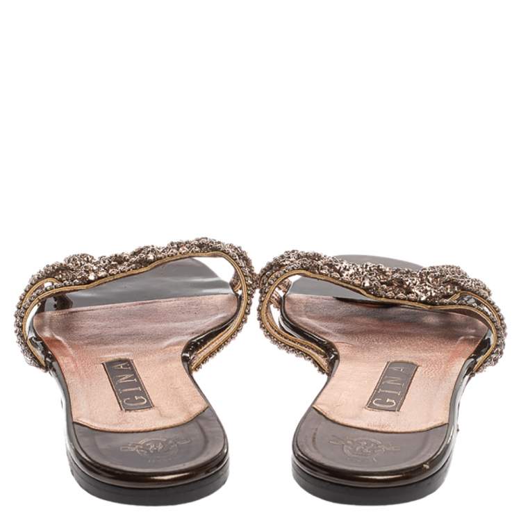 Pre Owned Gina Dark Brown Patent Leather Crystal Embellished Slide Flats Size 40