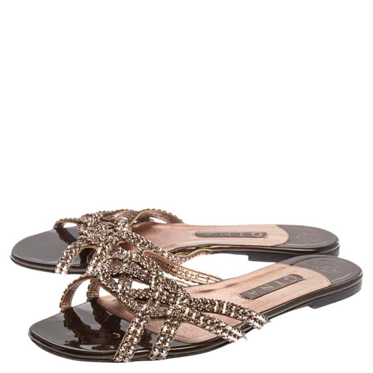 Pre Owned Gina Dark Brown Patent Leather Crystal Embellished Slide Flats Size 40