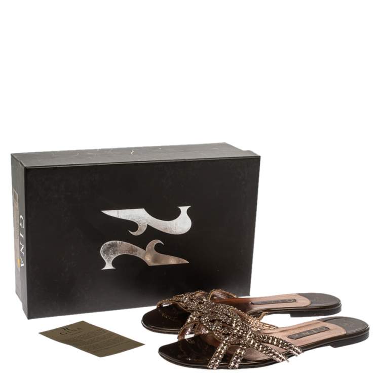 Pre Owned Gina Dark Brown Patent Leather Crystal Embellished Slide Flats Size 40