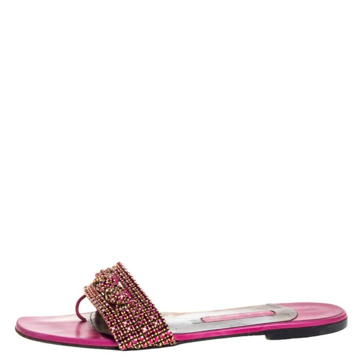 Pre Owned Gina Magenta Leather Athena Crystal Embellished Slide Flats Size 38
