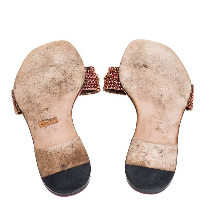 Pre Owned Gina Magenta Leather Athena Crystal Embellished Slide Flats Size 38