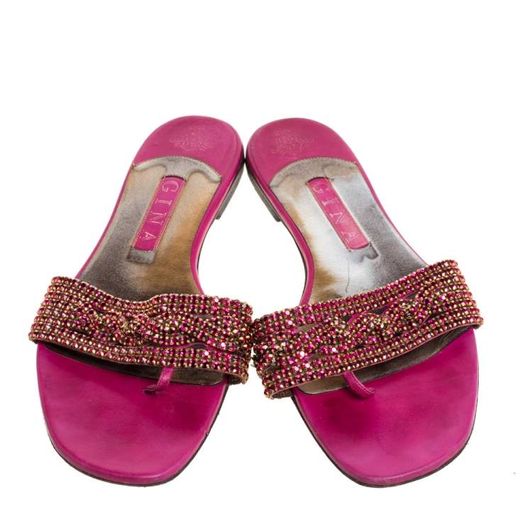 Pre Owned Gina Magenta Leather Athena Crystal Embellished Slide Flats Size 38