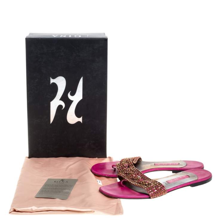 Pre Owned Gina Magenta Leather Athena Crystal Embellished Slide Flats Size 38