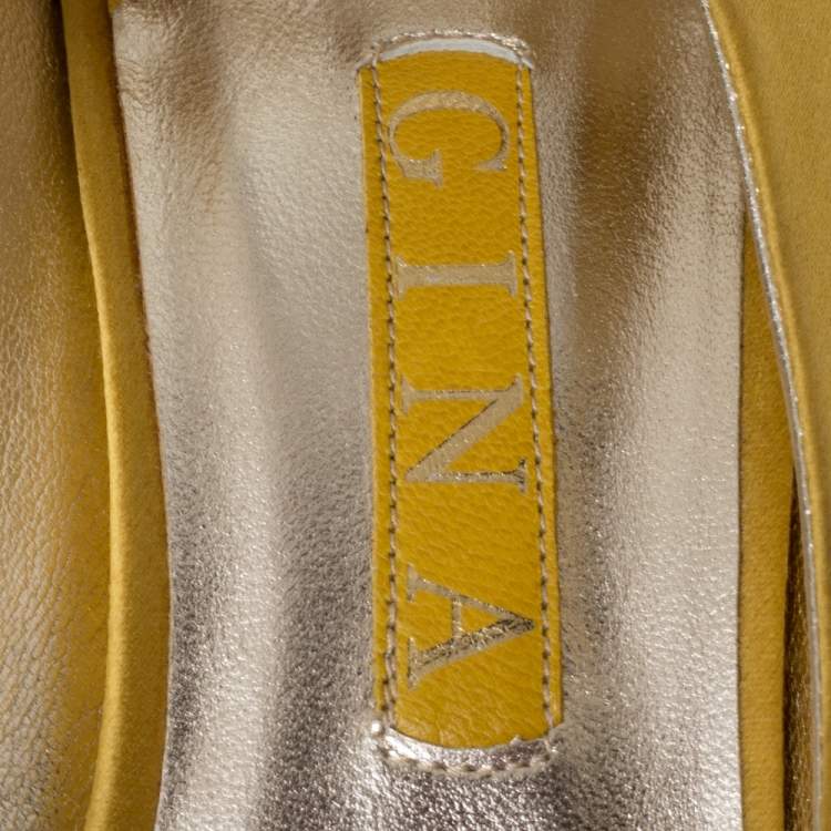 Pre Owned Gina Yellow Satin Crystal Embellished Platform Pumps Size 40