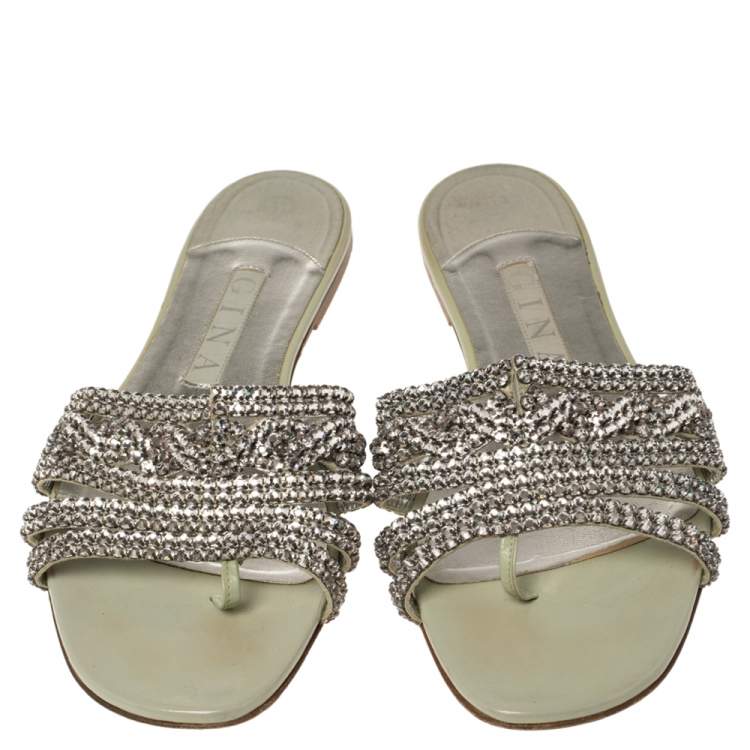 Pre Owned Gina Pale Green Patent Leather Crystal Embellished Thong Flat Slides Size 39