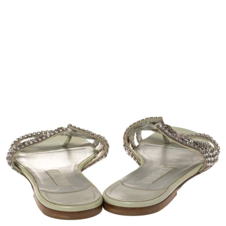 Pre Owned Gina Pale Green Patent Leather Crystal Embellished Thong Flat Slides Size 39