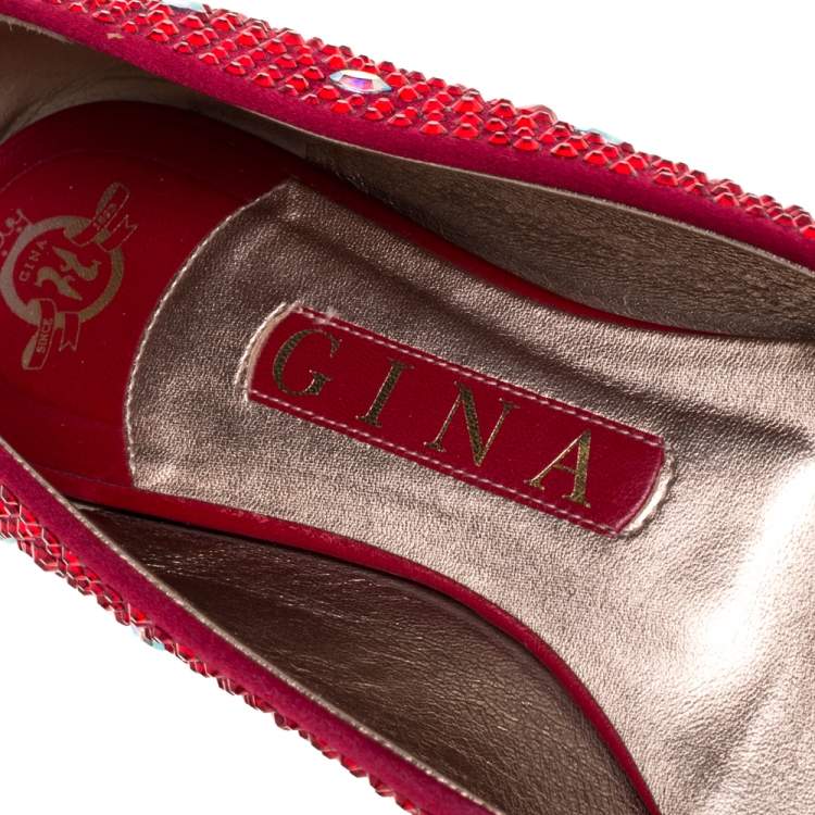 Pre Owned Gina Red Crystal Embellished Satin Ballet Flat Size 37.5