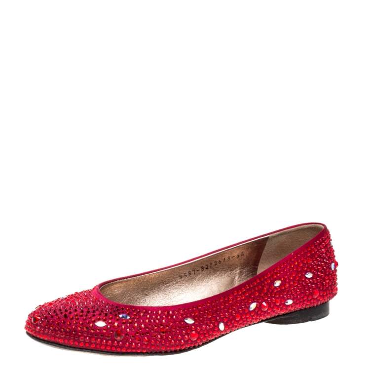 Pre Owned Gina Red Crystal Embellished Satin Ballet Flat Size 37.5