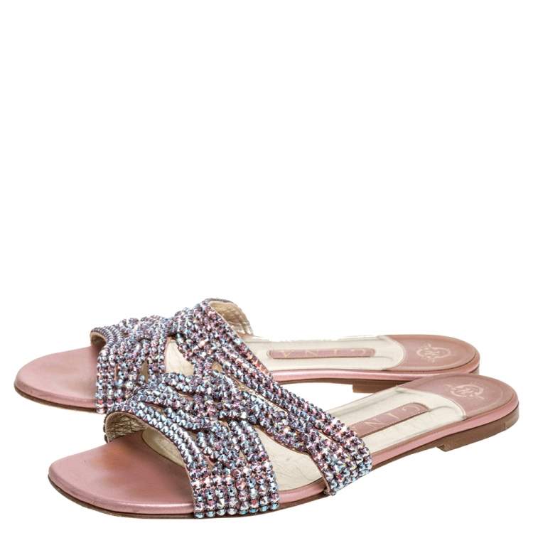 Pre Owned Gina Pink Crystal Embellished Flat Slides Size 39