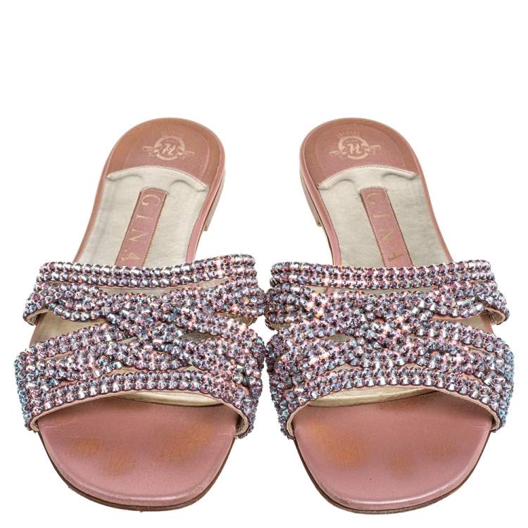 Pre Owned Gina Pink Crystal Embellished Flat Slides Size 39