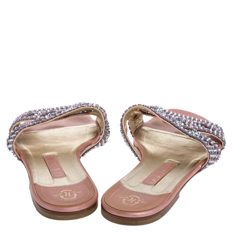 Pre Owned Gina Pink Crystal Embellished Flat Slides Size 39