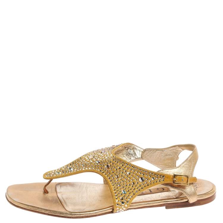 Pre Owned Gina Gold Satin Crystal Embellished Thong Flats Size 38