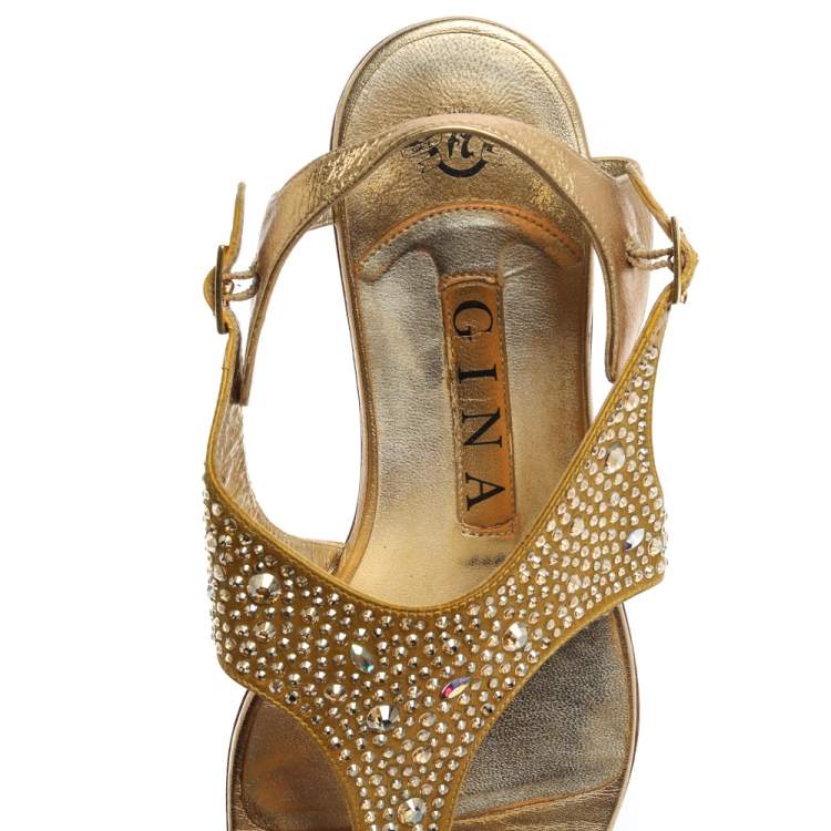 Pre Owned Gina Gold Satin Crystal Embellished Thong Flats Size 38