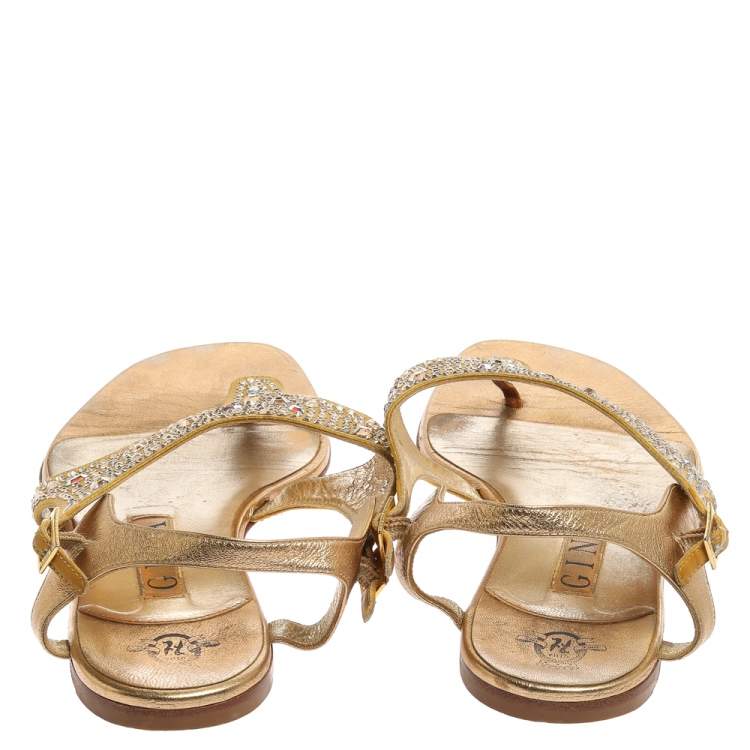 Pre Owned Gina Gold Satin Crystal Embellished Thong Flats Size 38