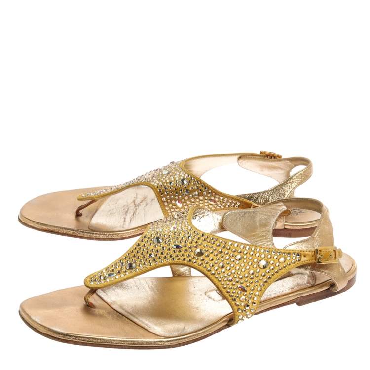 Pre Owned Gina Gold Satin Crystal Embellished Thong Flats Size 38