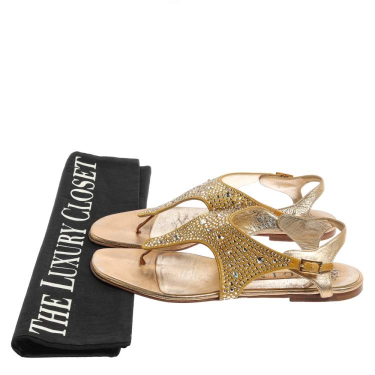 Pre Owned Gina Gold Satin Crystal Embellished Thong Flats Size 38