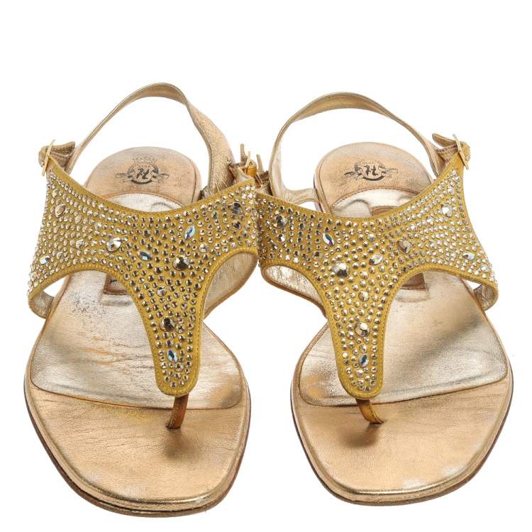 Pre Owned Gina Gold Satin Crystal Embellished Thong Flats Size 38