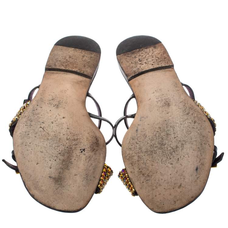 Pre Owned Gina Multicolor Crystal Embellished Patent Leather Flat Slide Sandals Size 38.5