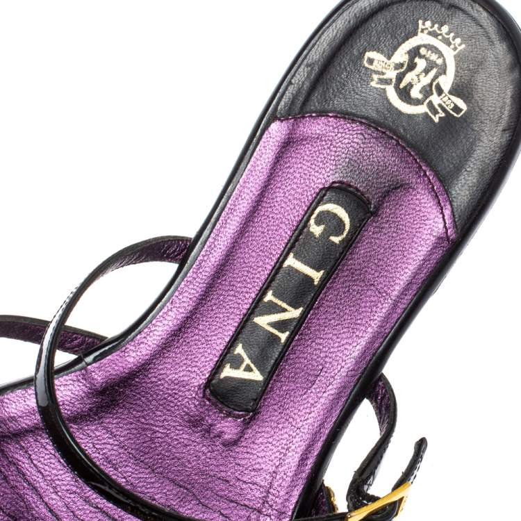 Pre Owned Gina Multicolor Crystal Embellished Patent Leather Flat Slide Sandals Size 38.5