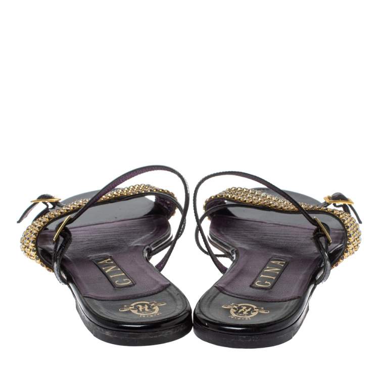 Pre Owned Gina Multicolor Crystal Embellished Patent Leather Flat Slide Sandals Size 38.5