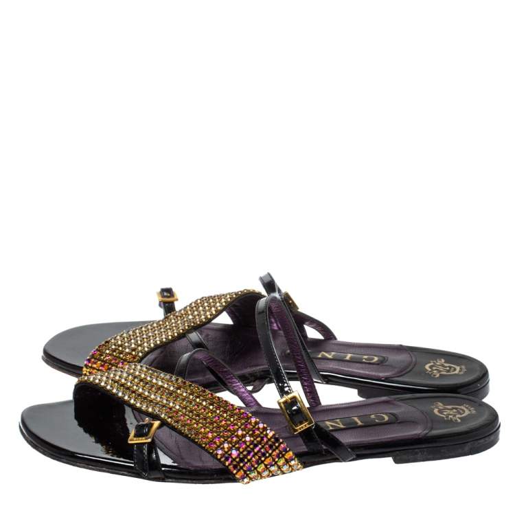 Pre Owned Gina Multicolor Crystal Embellished Patent Leather Flat Slide Sandals Size 38.5