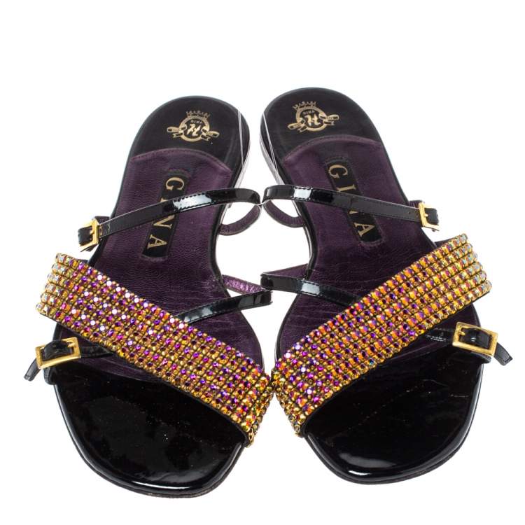 Pre Owned Gina Multicolor Crystal Embellished Patent Leather Flat Slide Sandals Size 38.5