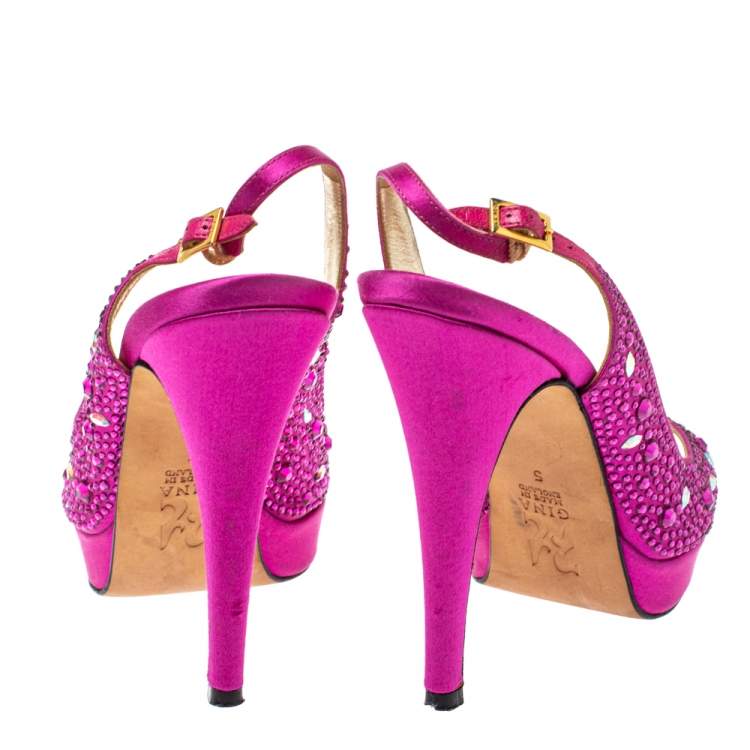 Pre Owned Gina Fuchsia Jewel Embellished Slingback Open Toe Platform Sandals Size 38