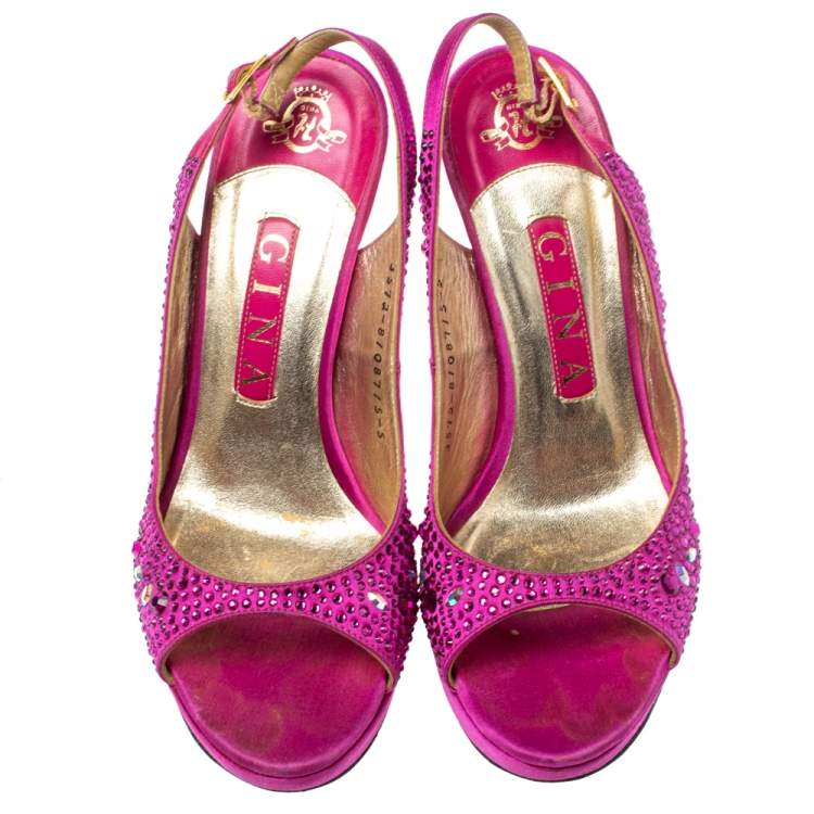 Pre Owned Gina Fuchsia Jewel Embellished Slingback Open Toe Platform Sandals Size 38