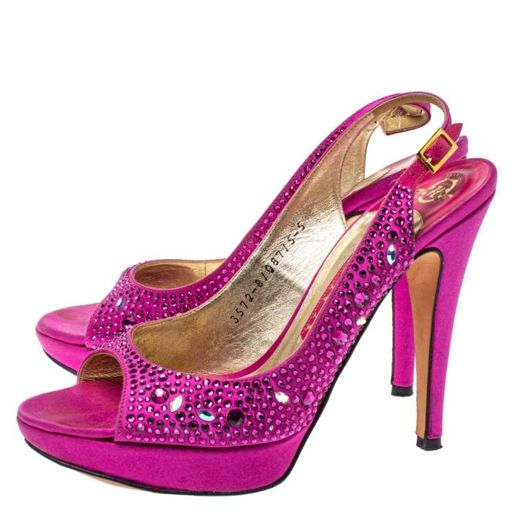 Pre Owned Gina Fuchsia Jewel Embellished Slingback Open Toe Platform Sandals Size 38