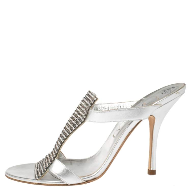 Pre Owned Gina Silver Leather and Crystal Embellished Slide Sandals Size 41