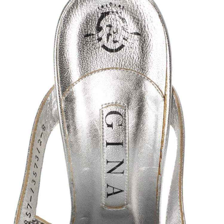 Pre Owned Gina Silver Leather and Crystal Embellished Slide Sandals Size 41