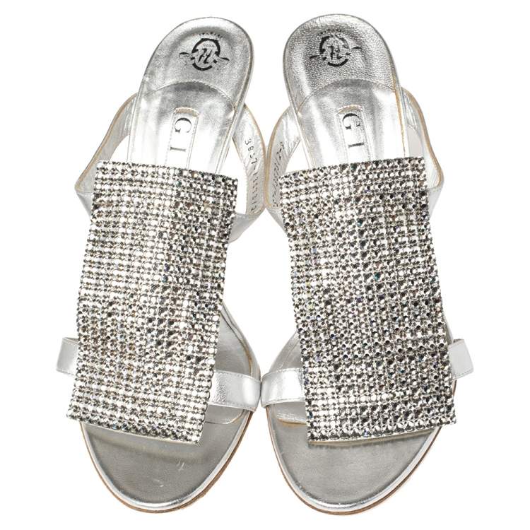 Pre Owned Gina Silver Leather and Crystal Embellished Slide Sandals Size 41