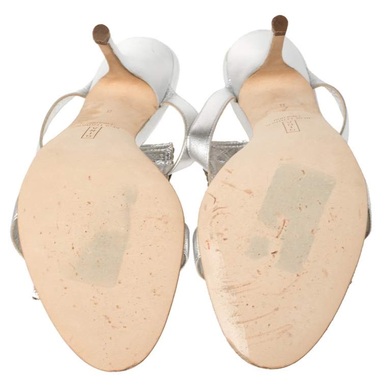 Pre Owned Gina Silver Leather and Crystal Embellished Slide Sandals Size 41