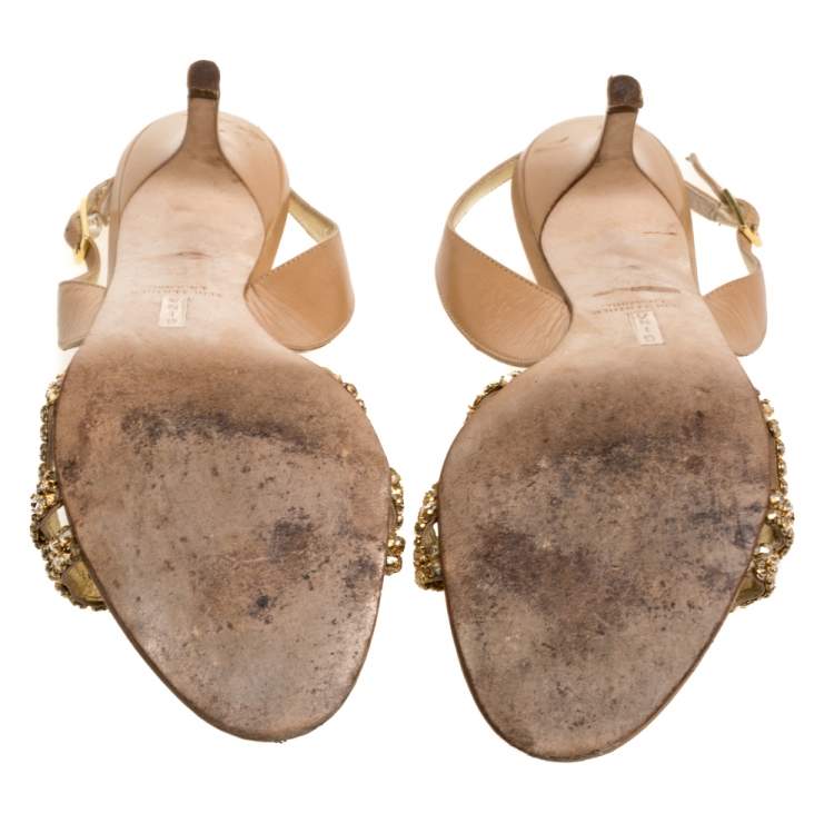 Pre Owned Gina Beige Leather Crystal Embellished Naomi Slingback Sandals Size 37.5