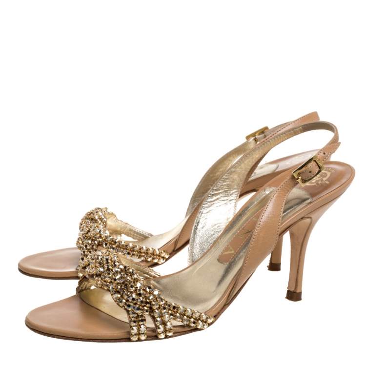 Pre Owned Gina Beige Leather Crystal Embellished Naomi Slingback Sandals Size 37.5